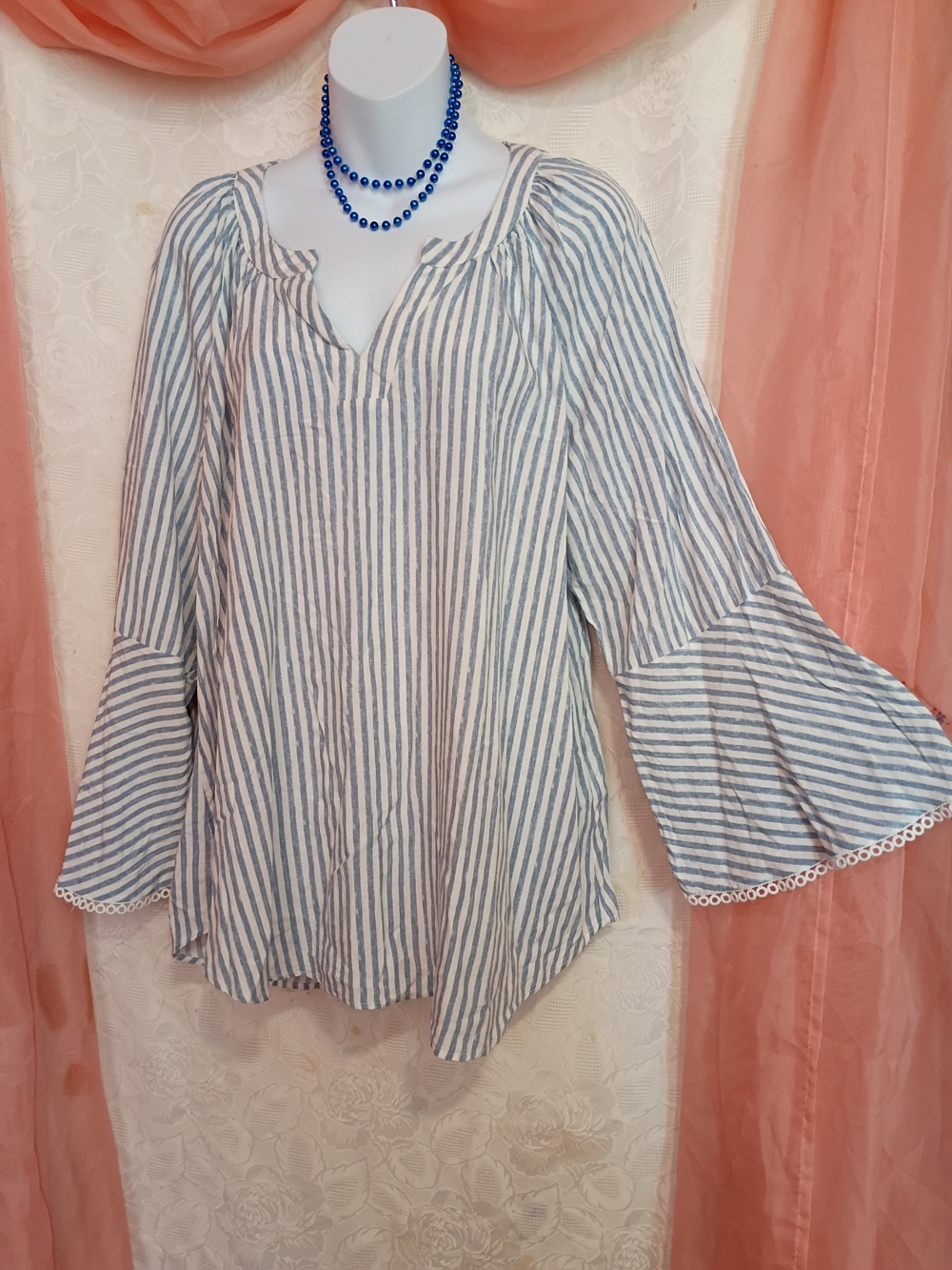 🛍️ BUNDLE ONLY🛍️Spense Blue & White Striped Bell-Sleeve Peasant Top